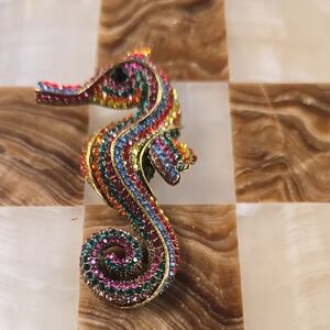 Multicolored Rhinestone Seahorse Pin